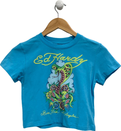 Ed Hardy Blue LA-Cobra Graphic Baby Crop Tee UK S