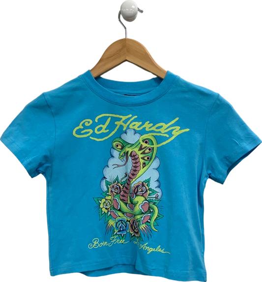 Ed Hardy Blue LA-Cobra Graphic Baby Crop Tee UK S