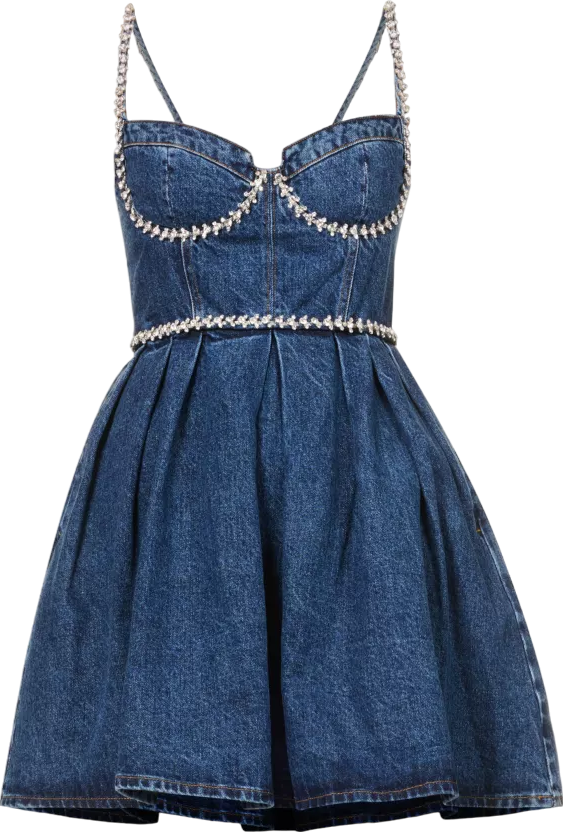 SELF PORTRAIT Blue Crystal-embellished Sweetheart Denim Mini Dress UK 4