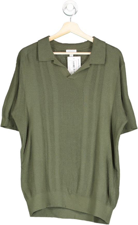 Sunspel Green Ribbed Knit Open Collar Polo Shirt UK M
