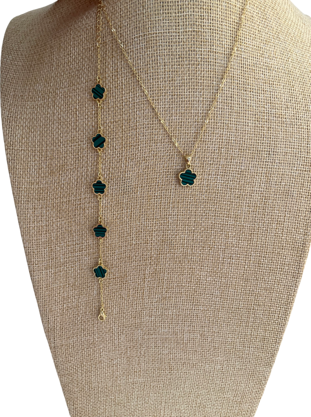 Emerald Green Clover Design Set, Bracelet With Matching Necklace