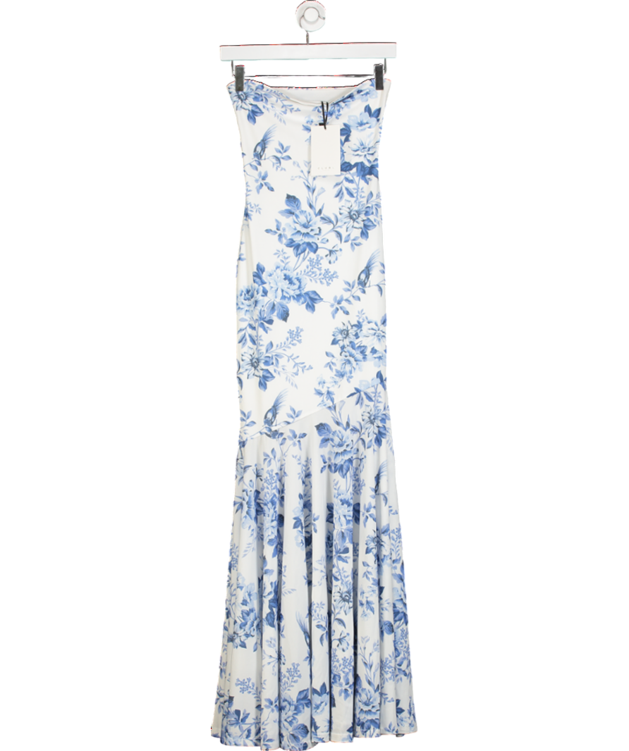 Club L White Callie Porcelain Print Bandeau Fishtail Maxi Dress UK 6