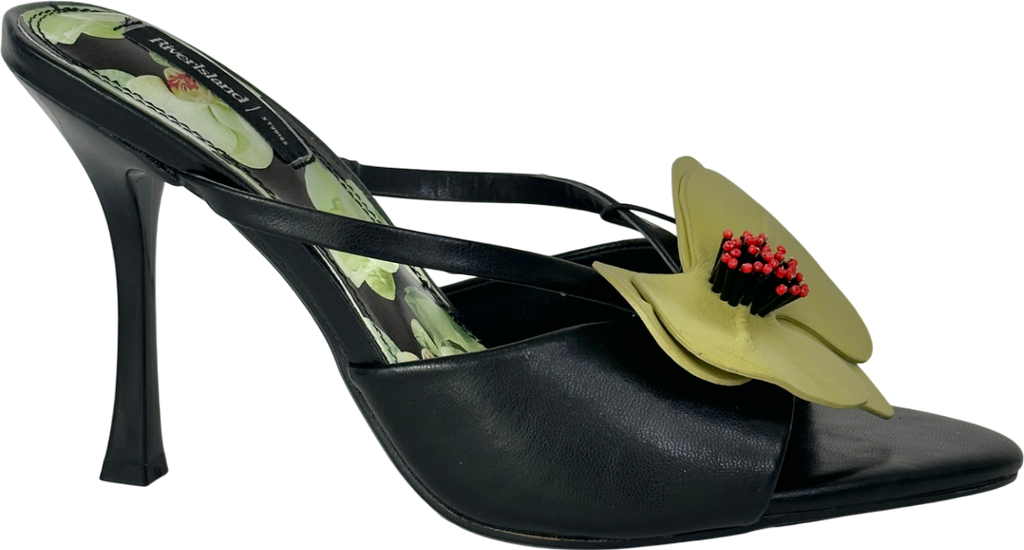 River Island Black Open Toe Orchid Heeled Sandals UK 5 EU 38 👠
