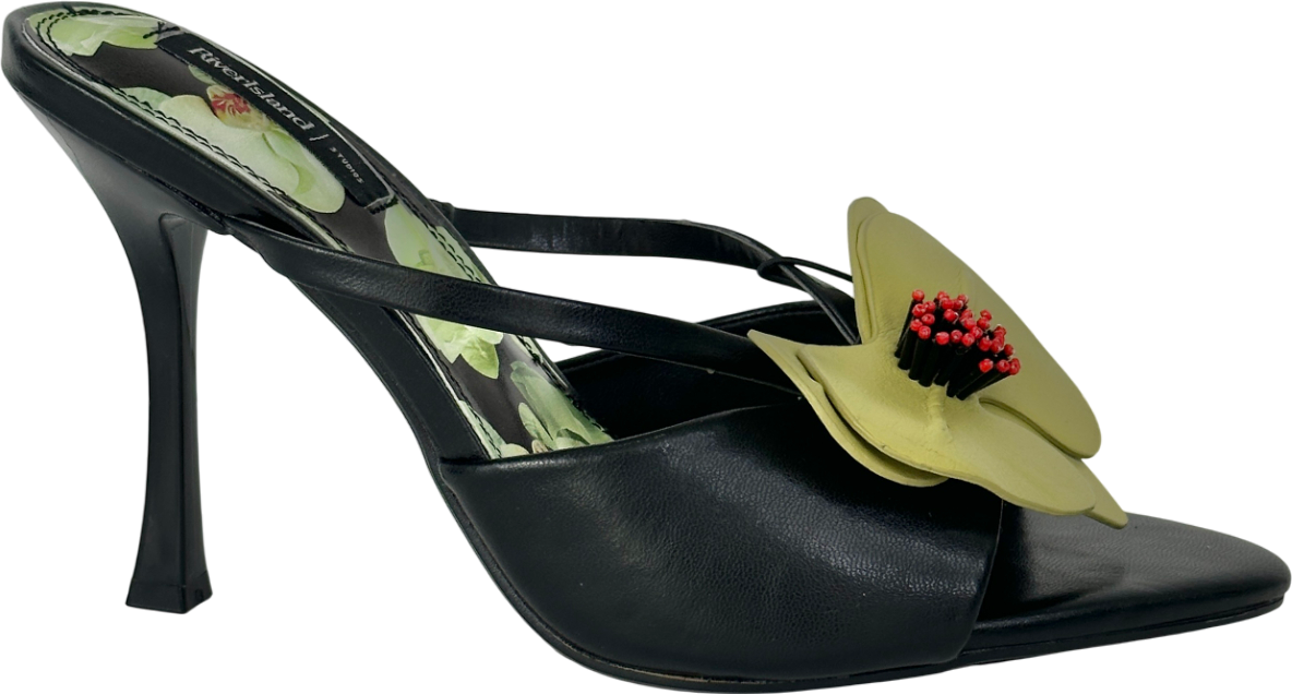 River Island Black Open Toe Orchid Heeled Sandals UK 5 EU 38 👠