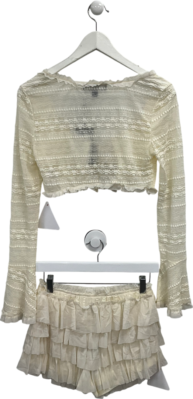 Ego Cream Textured Frilly Micro Shorts And Tie Front Long Sleeve Crop Top UK 10