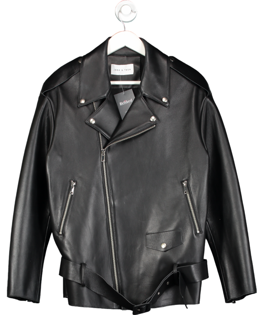 JANE & TASH Black Leather Aviator Jacket UK S