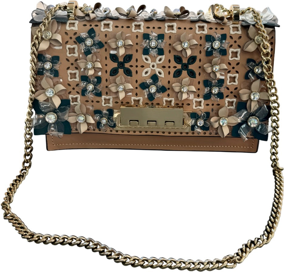 ZAC POSEN Beige Earthette Floral Appliqué Convertible Shoulder Bag
