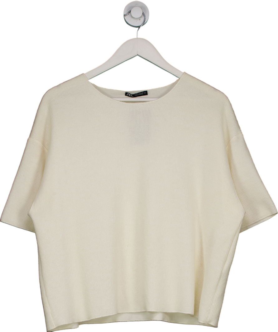 ZARA Cream Ribbed Cotton T-shirt UK M