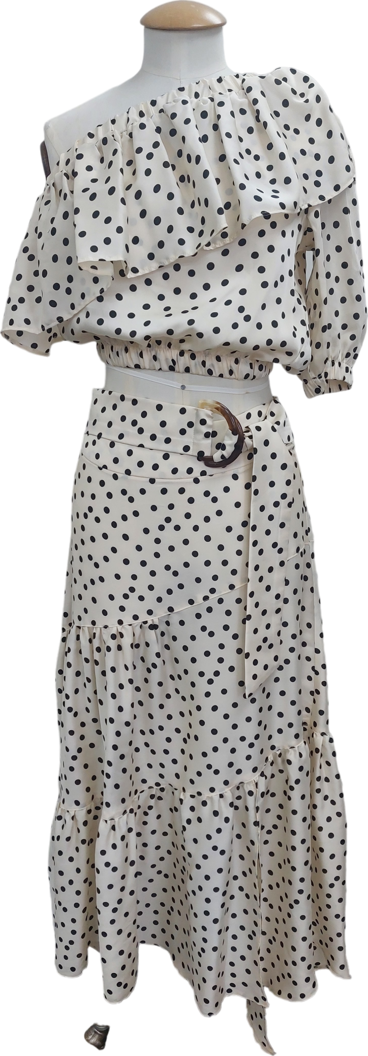 Topshop Cream Polka Dot One Sleeve Top And Midi Skirt UK 8