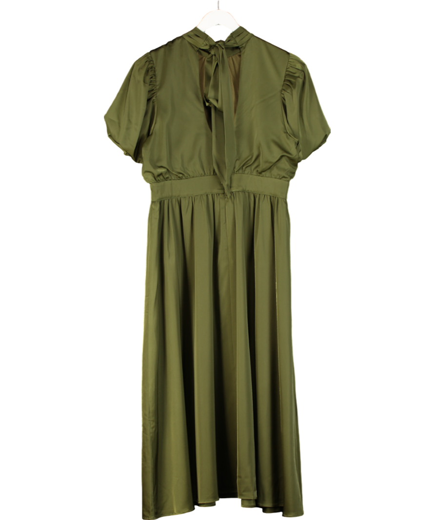 Club L Green Persea Olive Satin Puff-sleeve Midi Dress With Bow UK 16
