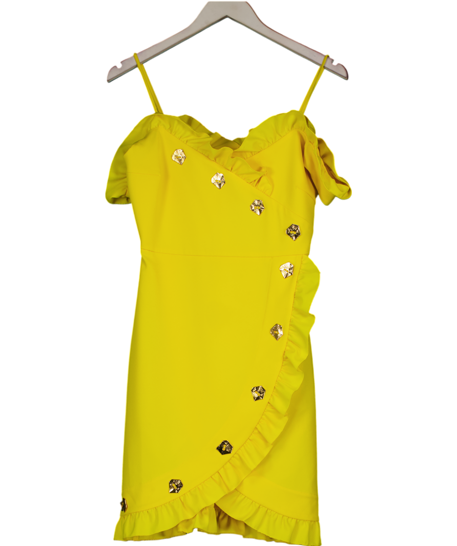 Violante Nessi Yellow Frill Bardot Mini Dress With Gold Buttons It38 UK 6
