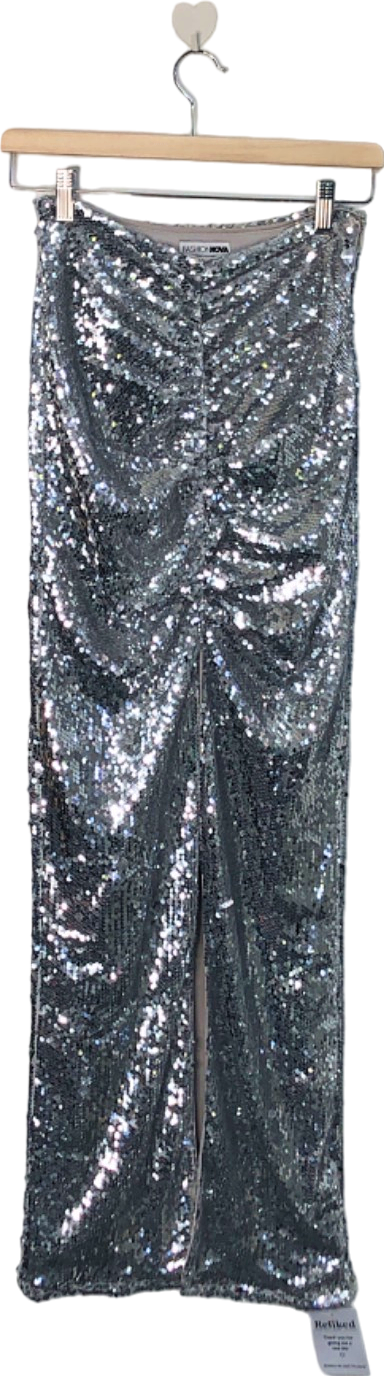 Fashion Nova Silver Sequin Ruched Midi Skirt XS