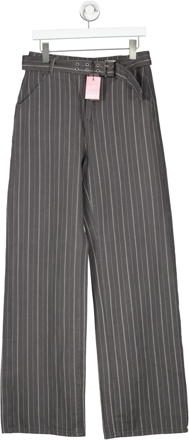 PrettyLittleThing Tall Grey Pintstripe Buckle Detail Jeans UK 8