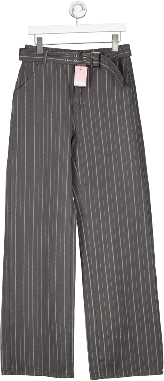 PrettyLittleThing Tall Grey Pintstripe Buckle Detail Jeans UK 8