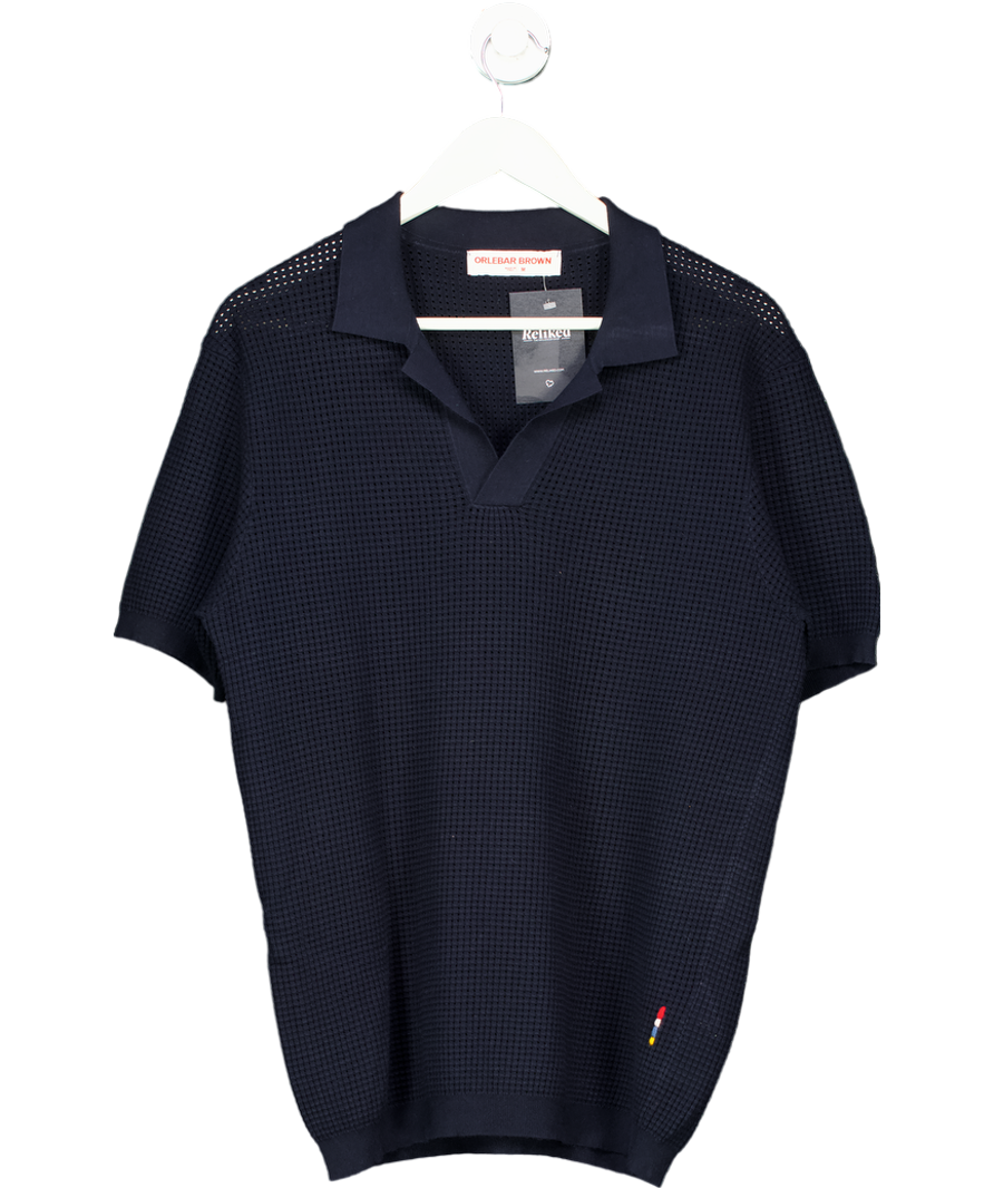 Orlebar Brown Blue Roddy Slim Fit Camp Collar Pointelle Knit Polo Shirt UK M