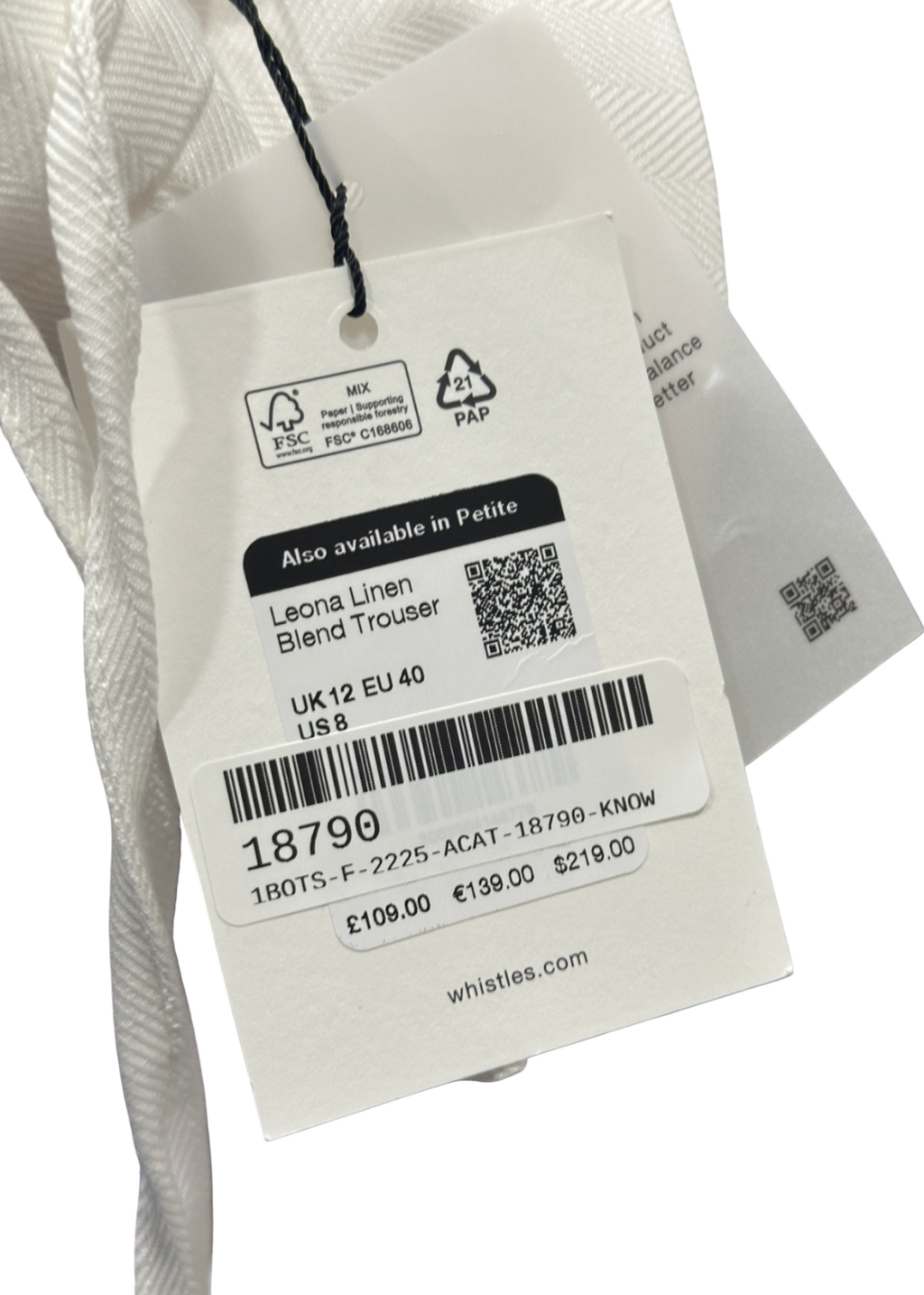 Whistles White Leona Linen Blend Trouser UK 12