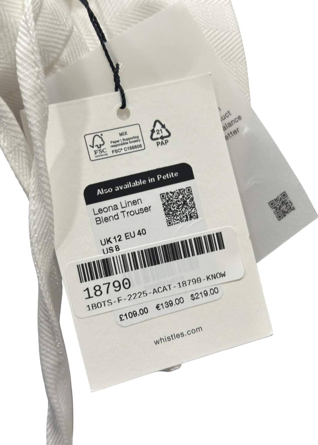 Whistles White Leona Linen Blend Trouser UK 12