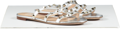 Valentino Garavani Metallic Silver Rockstud Flat Slide Sandals UK 3.5 EU 36.5 👠