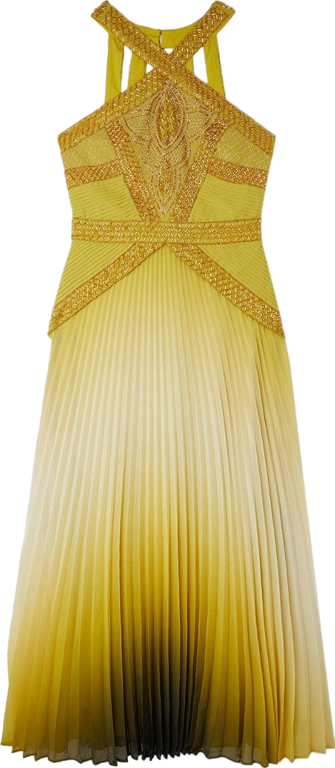 Karen Millen Yellow Geo Embellished Ombre Pleated Woven Maxi Dress BNWT UK 6