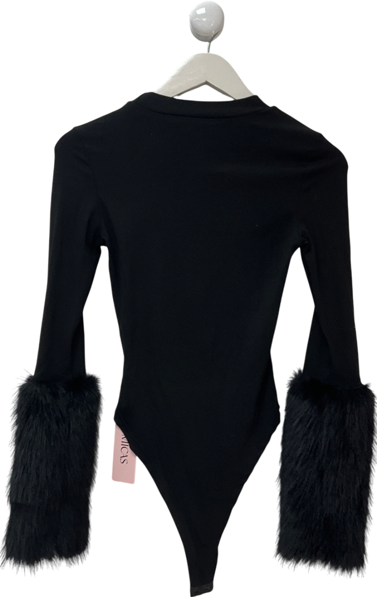micas Black Patchwork Fur Long Sleeve Bodysuit UK S