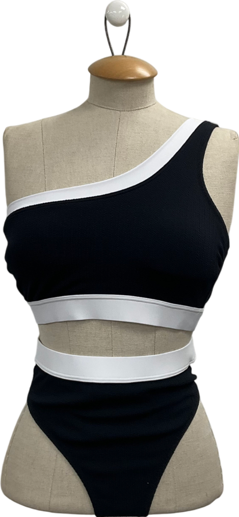 Accessorize Black Textured One Shoulder Bikini Top (uk 10) And Bottoms UK 12
