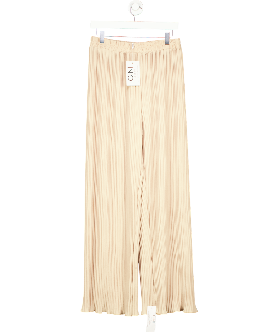 GINI London Beige Plisse Loungewear Wide Leg Trousers UK M/L