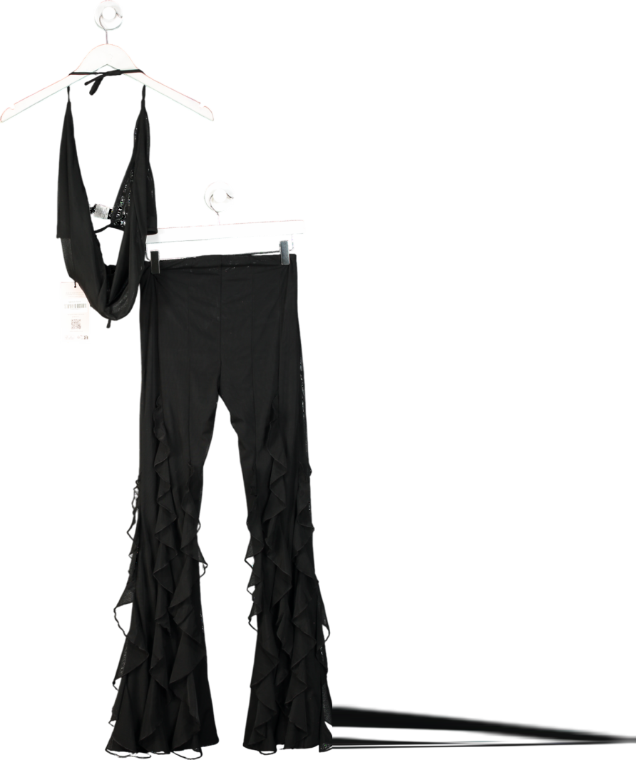 Oh Polly Black Ruffled Mid-rise Flared Trousers & Cowl-neck Crop Top UK S/M