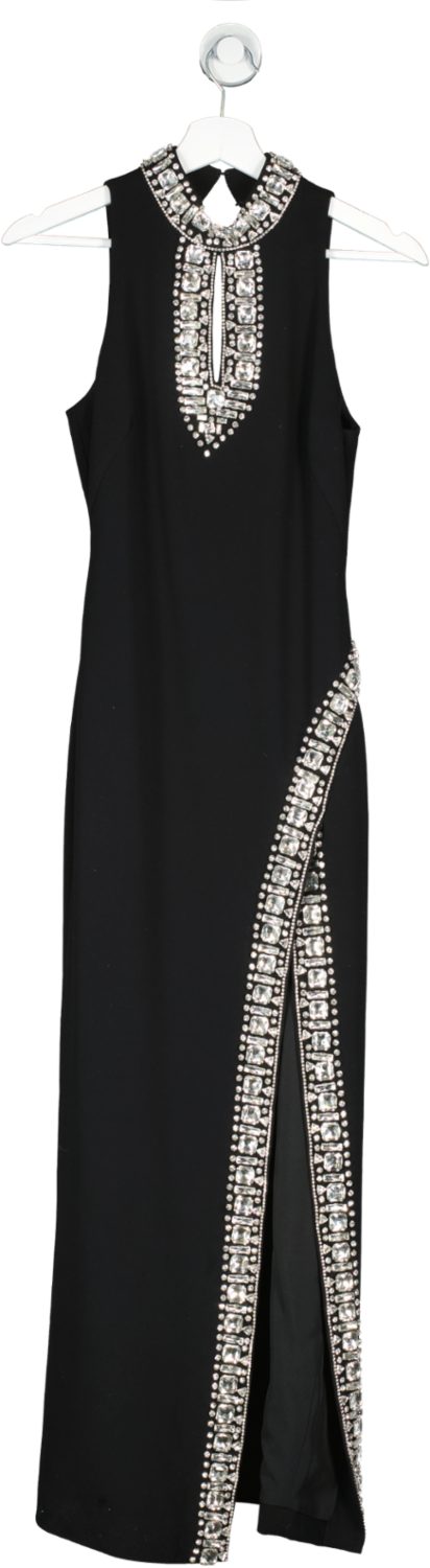 Karen Millen Black Crystal Embellished Woven Thigh Split Midi Dress UK 6