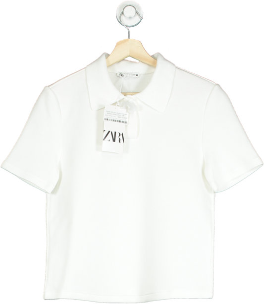 ZARA White Jewel Flower Button Polo Shirt UK S