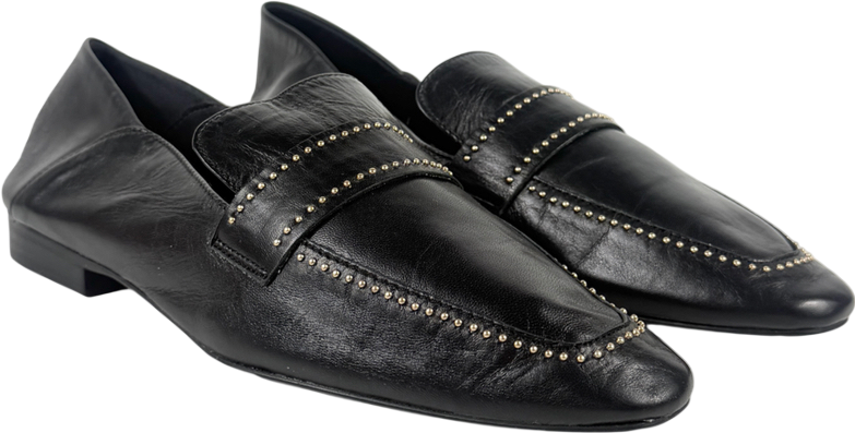 ZARA Black Air Fit Flat Soft Leather Loafer Shoe With Gold Studs UK 5 EU 38