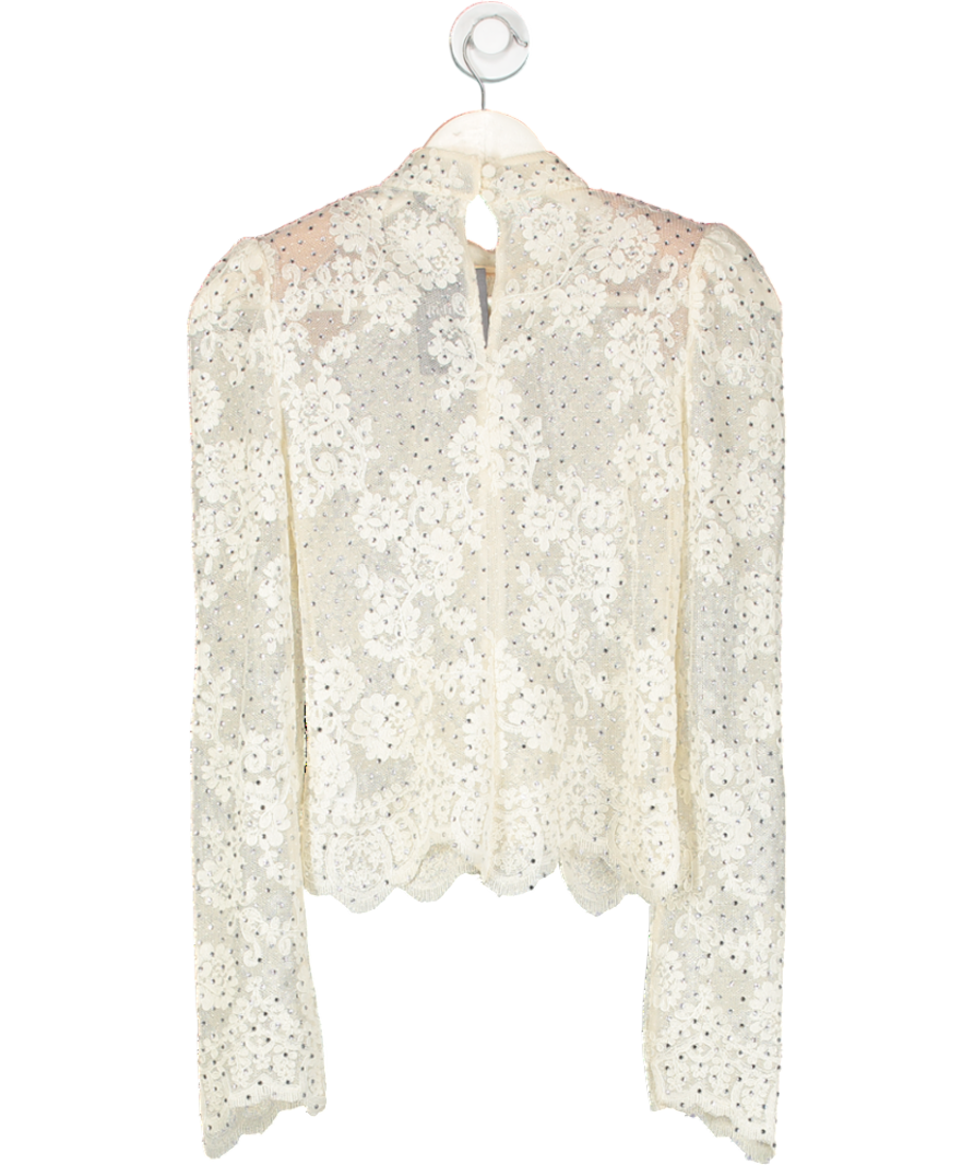 Self-Portrait Cream Rhinestone Embellished Shoulder Padded Lace Top UK 4