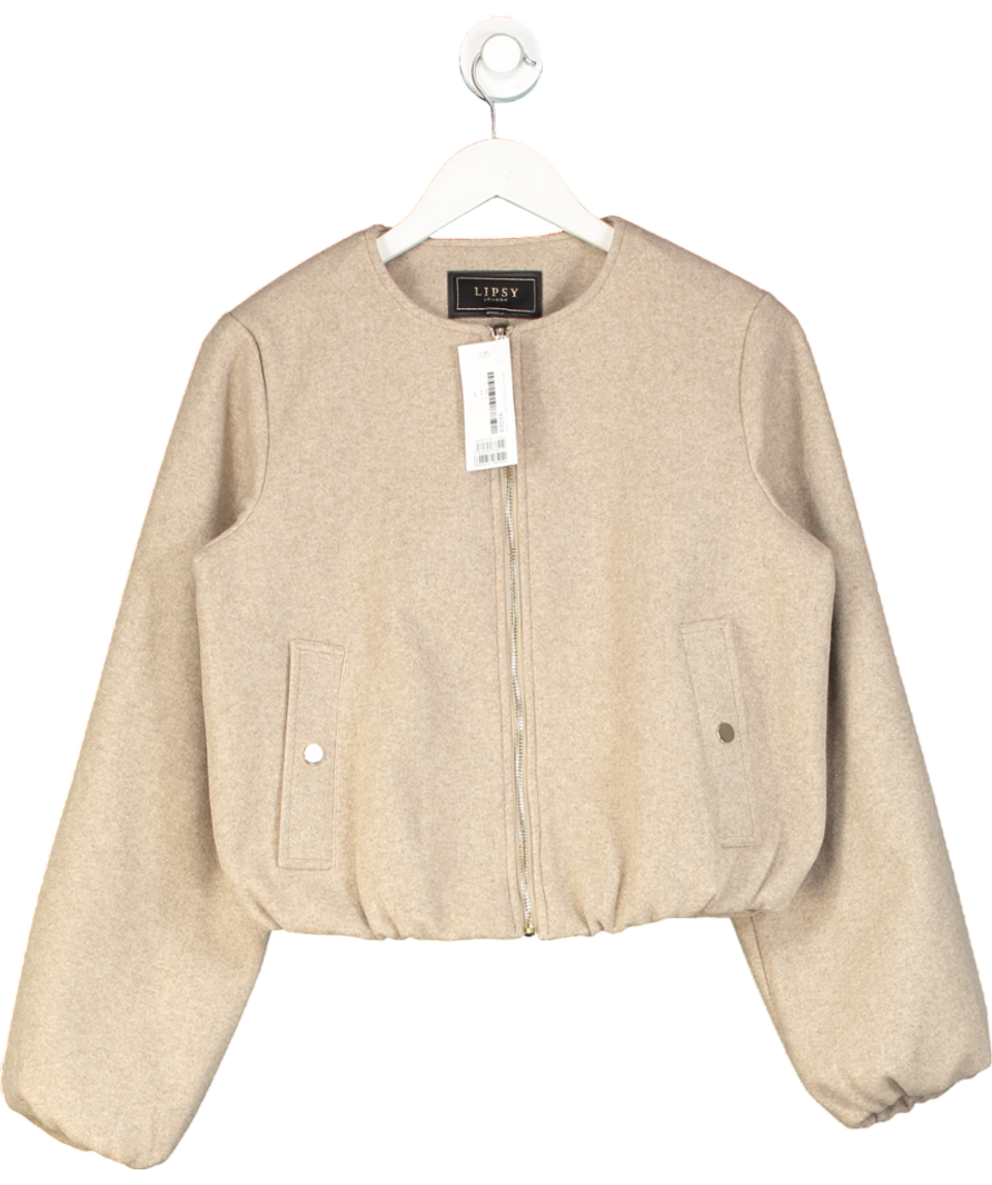 lipsy london Beige Neutral Wool Look Bubble Hem Bomber Jacket UK 10