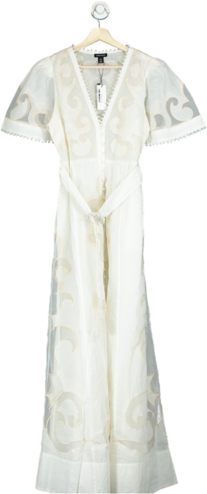 Karen Millen Ivory Cutwork Organdie V Neck Woven Midi Dress UK 12