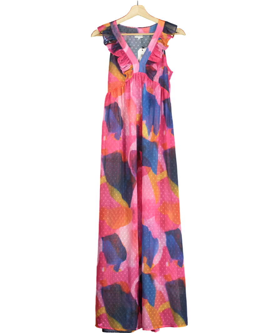 Pia Rossini Multicoloured Fuchsia Maxi Dress With Tropical Abstract Print And Ruffle Detail UK S