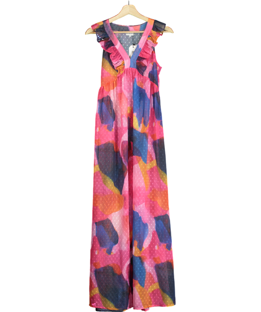 Pia Rossini Multicoloured Fuchsia Maxi Dress With Tropical Abstract Print And Ruffle Detail UK S