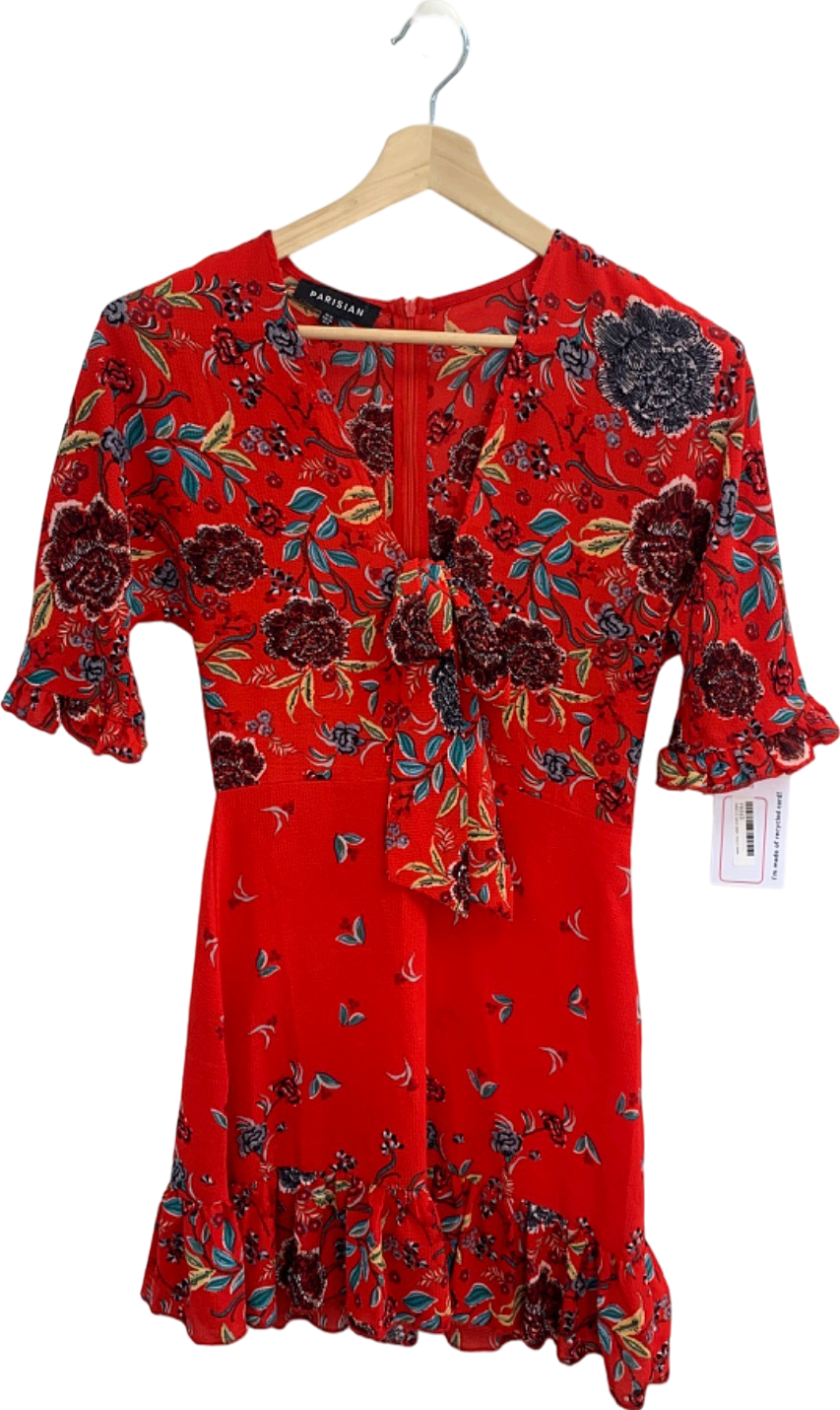 Parisian Red Floral Mini Dress UK 10