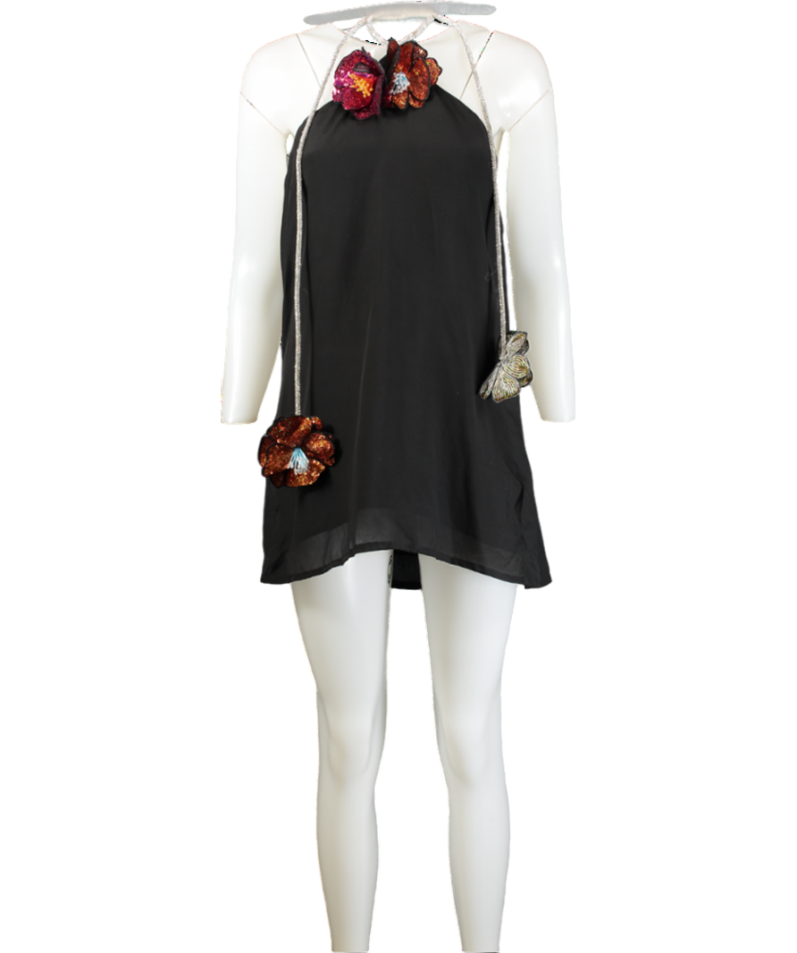 Sisters The Label Blue Tiffany Mini Dress - Black Silk With Flower Detail One Size