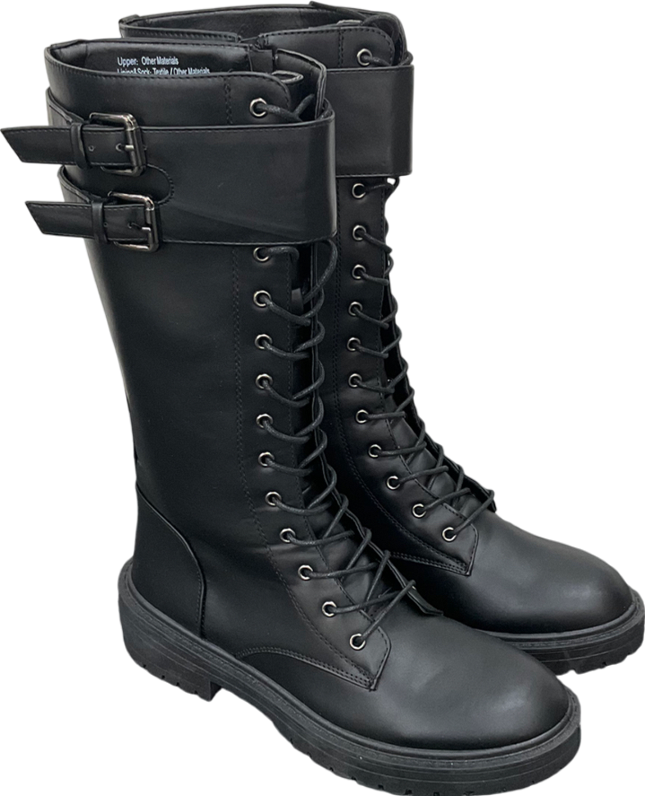 Be You Black Long Lace Up Biker Boots UK 7 EU 40 👠