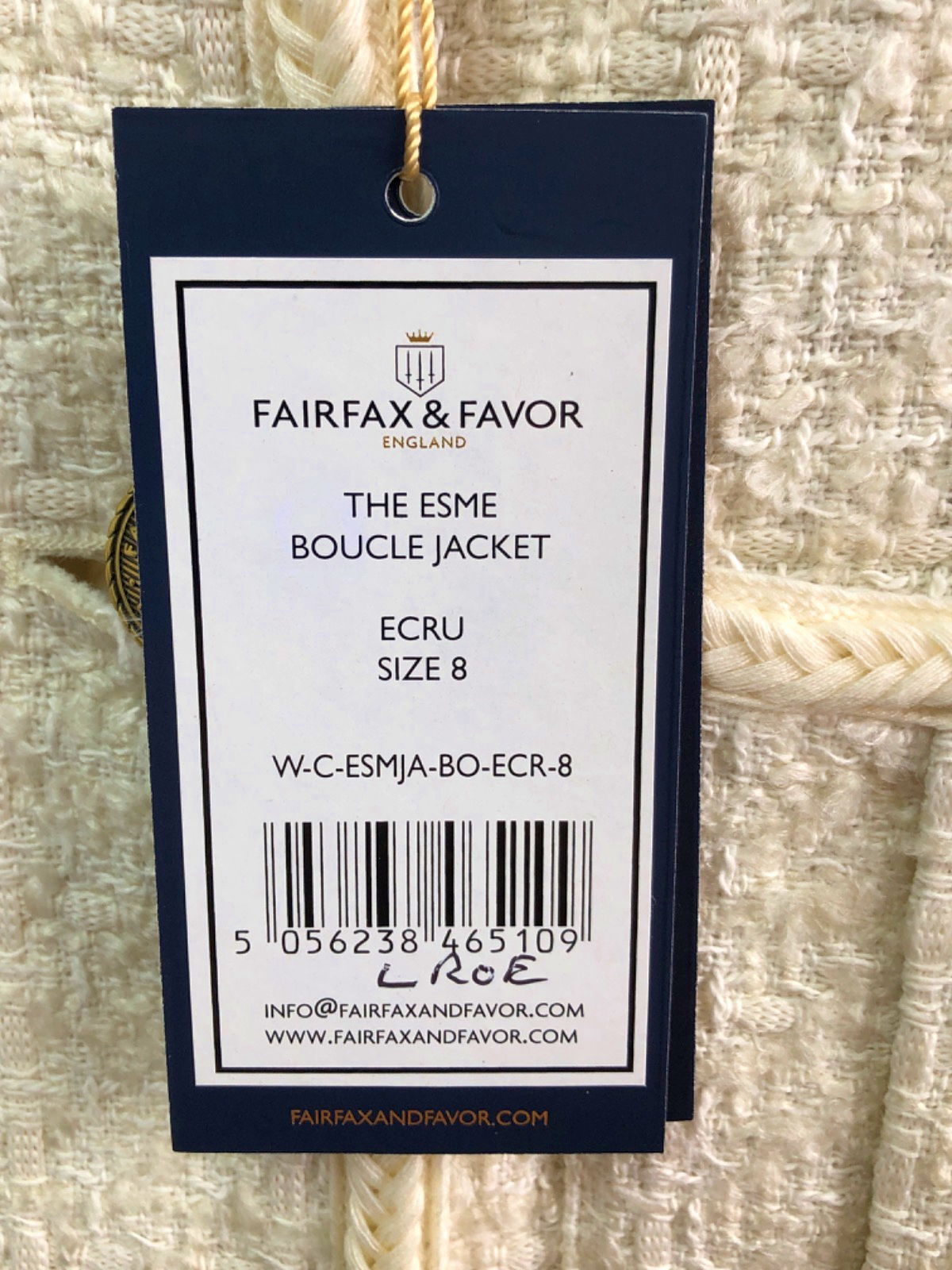 Fairfax & Favor Ecru The Esme Boucle Jacket Size UK 8