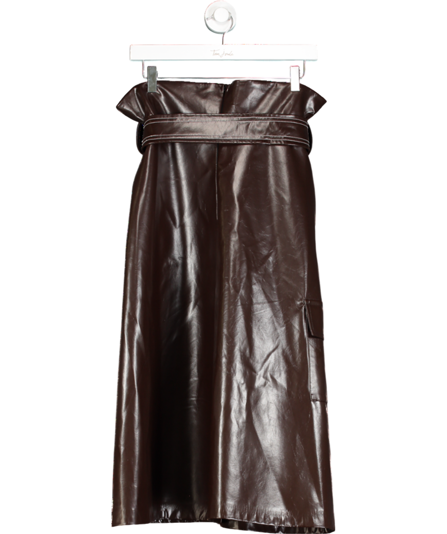 Mirimalist Brown Sepia Leather Wrap Midi Skirt UK M