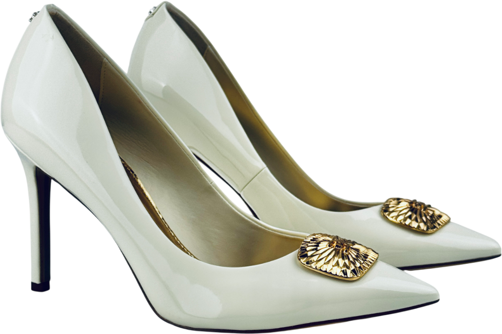SAM EDELMAN Ivory White / Gold Hazel Radiant Embellished Faux Patent Leather Heels Us8 UK 6 EU 39 👠