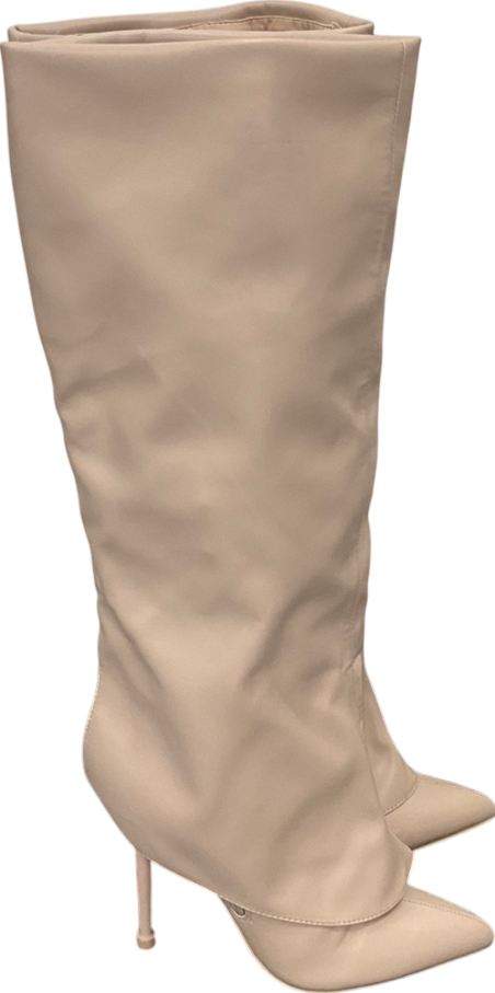 Public Desire Nude All Yours Pointed Toe Stiletto Fold Over Knee High Boots UK 3 EU 36 👠