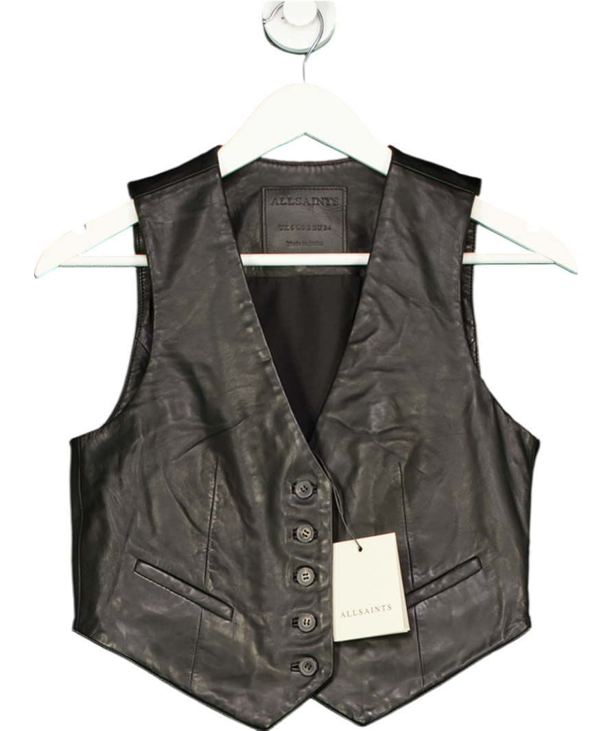 All Saints Black Arla Lea Leather Waistcoat UK 6