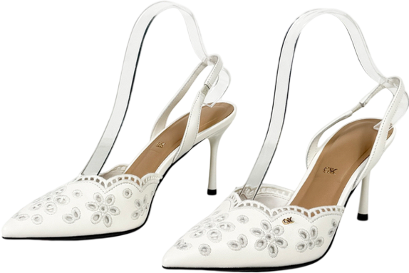 Charles & Keith White Leather Embroidered Pointed Slingback Pumps UK 4 EU 37