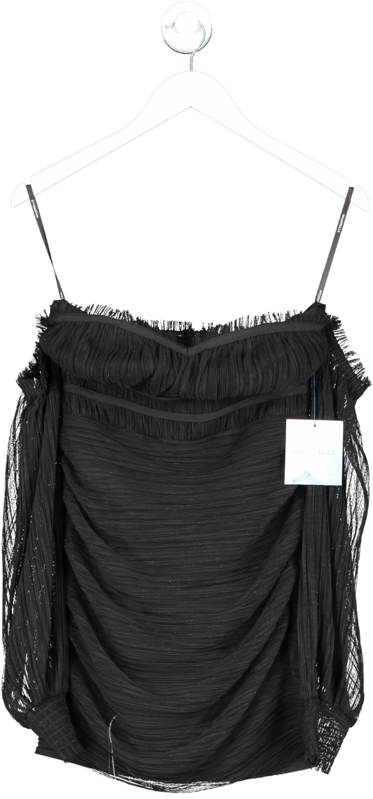 Majorelle Black Plisse Long Sleeve Bardot Mini Dress UK XS