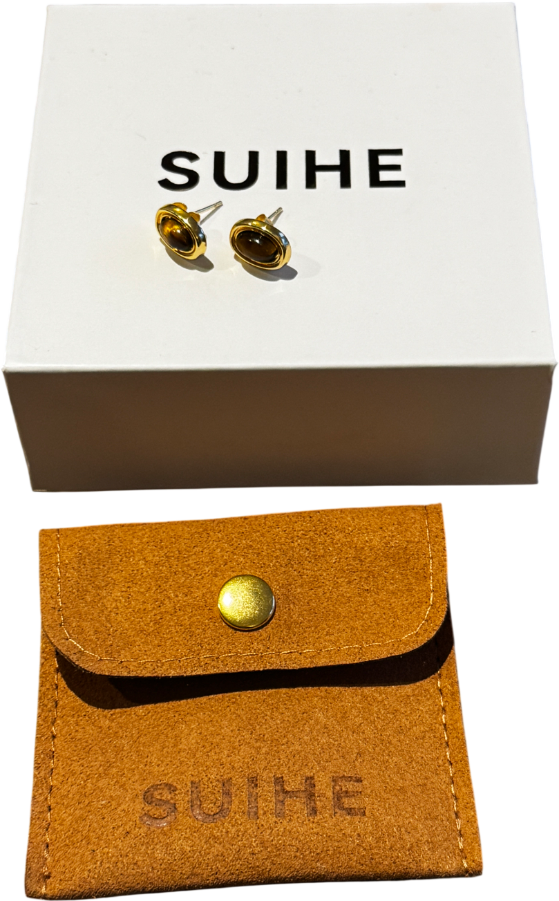 SUIHE 18k Yellow Gold Vermeil Over Sterling Silver Halo Tiger Eye Stone Stud Earrings
