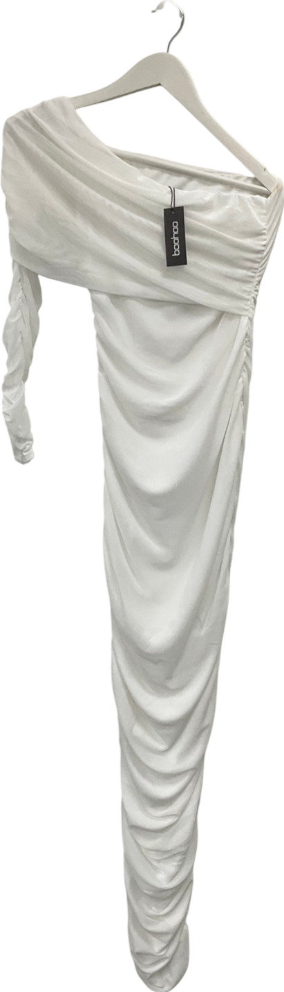 boohoo White One Shoulder Rouched Mesh Maxi Dress UK 12