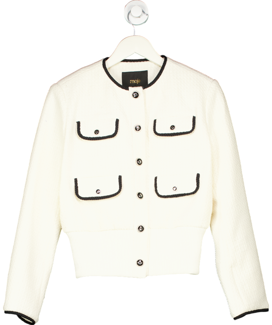 Maje Ivory Contrast-trim flap-pocket woven jacket UK 8