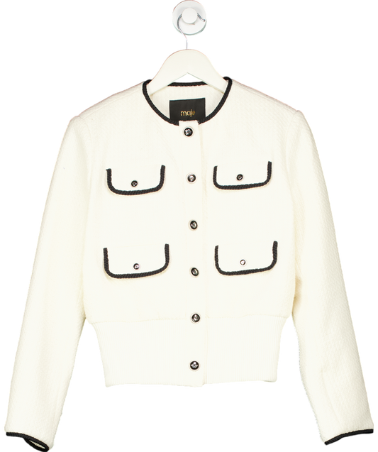 Maje Ivory Contrast-trim flap-pocket woven jacket UK 8