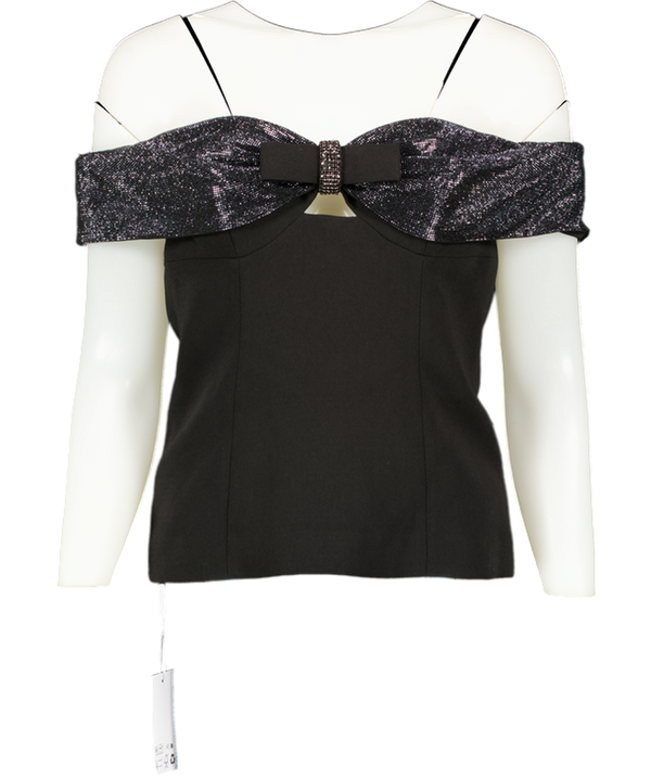 Self Portrait Black Off-the-shoulder Bow And Crystal-embellished Crepe Top UK 8